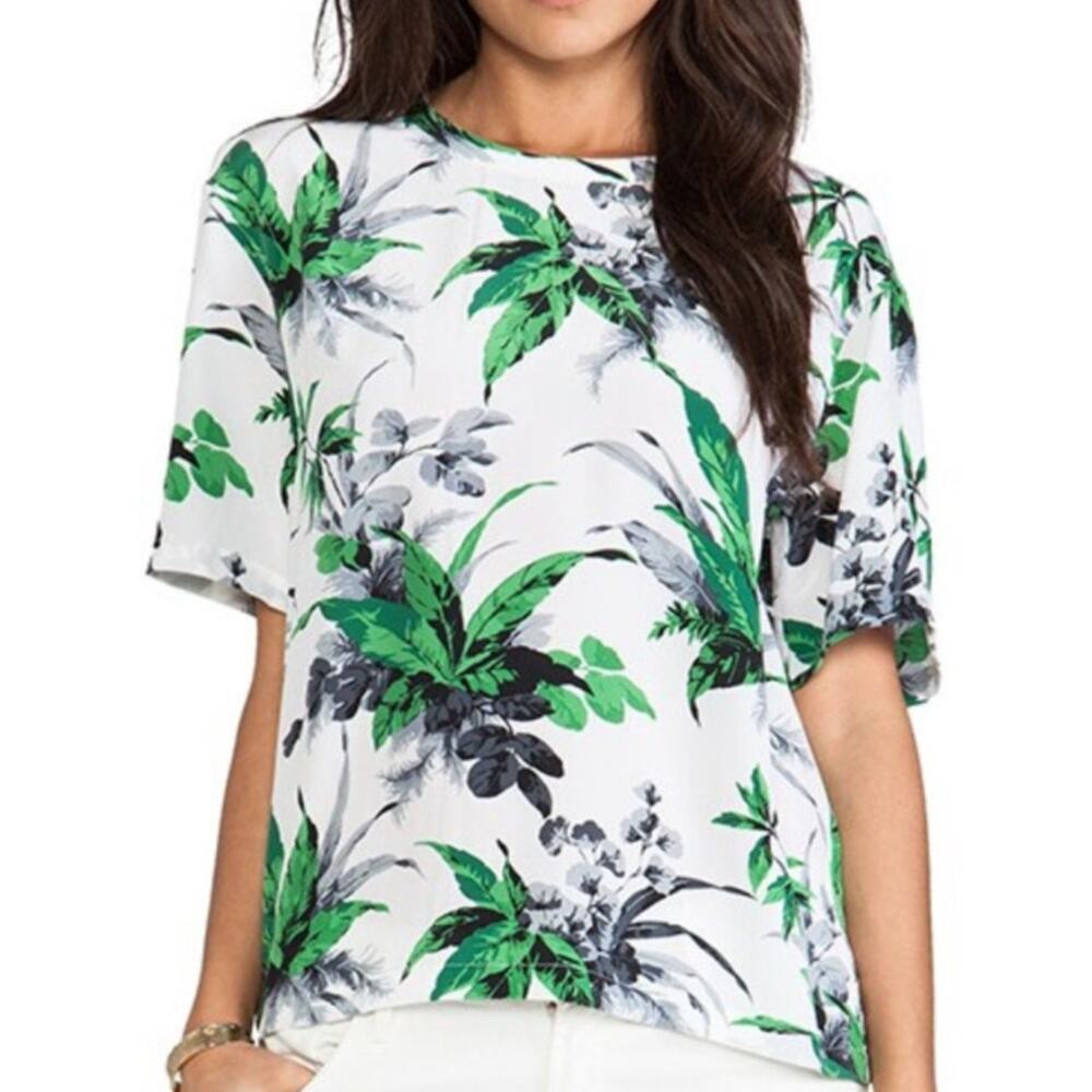 Equipment Femme Logan Silk Top in Paradise Palm Womens Small White Green Blouse